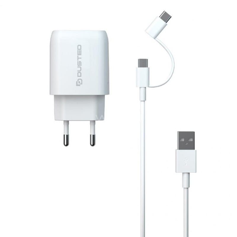 Cargador con Cable 2en1 Dusted para iPhone y iPad (20W, USB-C / microUSB, Blanco)